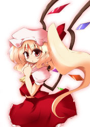 Rule 34 | 1girl, :o, ascot, blonde hair, female focus, flandre scarlet, hands on own chest, hat, highres, long hair, midriff, mob cap, navel, red eyes, shirogane (platinum), side ponytail, simple background, skirt, skirt set, solo, touhou, very long hair, wings