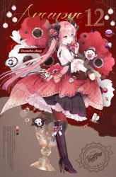 Rule 34 | 1girl, anemone (flower), animal, black footwear, black skirt, boots, color guide, commentary request, cross-laced footwear, curled horns, demon horns, english text, floral background, flower, from side, full body, high heel boots, high heels, highres, horns, lace-up boots, original, pantyhose, pleated skirt, red eyes, red flower, red pantyhose, rednian, sheep, shirt, short sleeves, skirt, solo, standing, thigh boots, thighhighs, white flower, white shirt, wrist cuffs