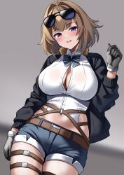 Rule 34 | ahoge, belt, black jacket, blue shorts, blush, bow, breasts, brown hair, center opening, cleavage, collared shirt, eyewear on head, fur collar, girls&#039; frontline, gloves, green gloves, grizzly mkv (girls&#039; frontline), hair intakes, hand up, highres, jacket, ki-51 (ampullaria), large breasts, looking at viewer, medium hair, navel, open clothes, open jacket, purple eyes, shirt, shorts, smile, stomach, striped, striped bow, sunglasses, thigh strap, white shirt