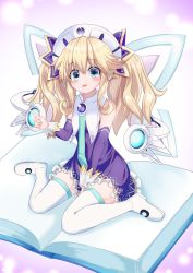 Rule 34 | 1girl, absurdres, bare shoulders, blonde hair, blue eyes, blue necktie, blush, book, breasts, choujigen game neptune, commentary request, detached sleeves, dress, fairy, full body, hair ornament, hat, highres, histoire, index finger raised, long hair, looking at viewer, naoya (naoya ee), necktie, neptune (series), open book, open mouth, petite, purple dress, ribbon-trimmed dress, small breasts, smile, solo, thighhighs, thighs, twintails, wings, zettai ryouiki