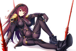 Rule 34 | 1girl, armor, bodysuit, breasts, covered navel, drogoth, expressionless, fate/grand order, fate (series), full body, gae bolg (fate), highres, large breasts, long hair, looking at viewer, pauldrons, polearm, purple bodysuit, purple hair, red eyes, scathach (fate), scathach (fate), shoulder armor, simple background, sitting, solo, spear, veil, weapon, white background