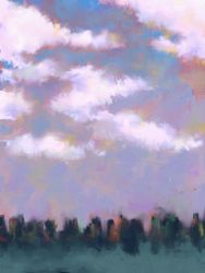 Rule 34 | building, chromatic aberration, cloud, cloudy sky, highres, no humans, original, outdoors, painterly, silhouette, sky, tree, zero808w