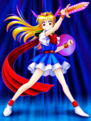 Rule 34 | 1990s (style), absurdres, akazukin chacha, blonde hair, highres, magical princess, shield, standing, sword, weapon