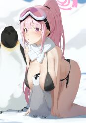 Rule 34 | 1girl, absurdres, animal, ass, bare arms, bare legs, bare shoulders, bikini, bird, black bikini, blue archive, blush, breasts, eimi (blue archive), eimi (swimsuit) (blue archive), goggles, goggles on head, halo, highres, kneeling, large breasts, long hair, official alternate costume, out-of-season outfit, parted lips, penguin, pink eyes, pink hair, pink halo, ponytail, seya 0517, solo, swimsuit, very long hair, winter out-of-season outfit