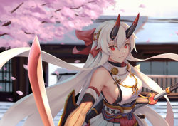 Rule 34 | 1girl, armor, bare shoulders, bigrbear, blurry, bow, breasts, bright pupils, building, cherry blossoms, closed mouth, day, depth of field, elbow gloves, fate/grand order, fate (series), foreshortening, gloves, hair between eyes, hair bow, headband, highres, holding, holding sword, holding weapon, horns, japanese armor, large breasts, long hair, looking at viewer, obi, oni horns, petals, red bow, red eyes, red gloves, sash, shadow, sideboob, silver hair, sleeveless, sleeveless turtleneck, smile, solo, striped clothes, striped gloves, sunlight, sword, tomoe gozen (fate), tree, turtleneck, unsheathed, upper body, very long hair, weapon