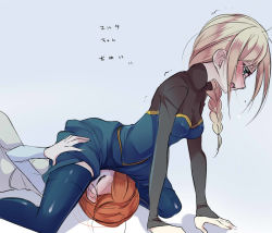 Rule 34 | 2girls, all fours, anna (frozen), blonde hair, blue eyes, blue thighhighs, blush, braid, closed eyes, cunnilingus, cunnilingus through clothes, elsa (frozen), frozen (disney), highres, incest, kokuchuutei, long hair, multiple girls, open mouth, oral, red hair, siblings, single braid, sisters, sitting, sitting on face, sitting on person, tears, thighhighs, wide hips, yuri