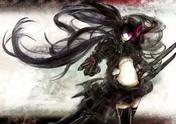 Rule 34 | 10s, 1girl, akaitera, bad id, bad pixiv id, black hair, black rock shooter, black rock shooter (character), glowing, glowing eye, insane black rock shooter, long hair, scar, solo, stitches, thighhighs, twintails, very long hair, weapon