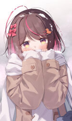 Rule 34 | 1girl, ahoge, bag, blush, bow, brown coat, brown hair, coat, colored inner hair, hair bow, hair ornament, hairclip, highres, long sleeves, looking at viewer, multicolored hair, open clothes, open coat, original, pink hair, red bow, saboten mushi, scarf, short hair, solo, upper body, white scarf, yellow eyes