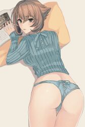 Rule 34 | 1girl, ass, blue panties, blue sweater, book, brown hair, casual, from above, green eyes, highres, kantai collection, kasumi (skchkko), long sleeves, looking at viewer, lying, mutsu (kancolle), on stomach, panties, parted lips, pillow, reading, short hair, solo, sweater, underwear