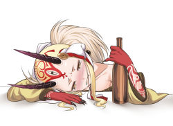 Rule 34 | 1girl, blonde hair, blush, bottle, clenched teeth, commentary request, crying, crying with eyes open, drunk, fate/grand order, fate (series), fingernails, horns, hotpepperman, ibaraki douji (fate), long hair, md5 mismatch, oni, sake bottle, sharp fingernails, solo, tears, teeth, yellow eyes