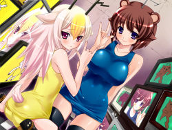 Rule 34 | 2girls, :&lt;, akito (ao&#039;s club), akito (artist), analoguma, animal ears, antlers, ass, blonde hair, blue eyes, blush, breasts, brown hair, chidejika, deer antlers, female focus, flat chest, horns, japan commercial broadcasters association, kuma (2ch), large breasts, long hair, looking back, m/, multicolored hair, multiple girls, one-piece swimsuit, pink hair, red eyes, school swimsuit, sitting, smile, swimsuit, tail, thighhighs, yellow one-piece swimsuit