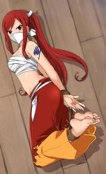 Rule 34 | 1girl, angry, bare arms, bare shoulders, barefoot, bdsm, blush, body blush, bondage, bound, breasts, cloth gag, curvy, erza scarlet, fairy tail, feet, feet together, female focus, full body, gag, gagged, highres, hogtie, improvised gag, lost one zero, midriff, nail polish, over the nose gag, ponytail, red hair, sarashi, solo, tattoo, toenail polish, toenails, toes