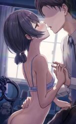 Rule 34 | 1boy, 1girl, absurdres, ass, back, bare shoulders, blue bra, blue hair, blush, bottomless, bra, breasts, collared shirt, dark blue hair, eye contact, faceless, faceless male, formal, half-closed eyes, highres, holding hands, idolmaster, idolmaster shiny colors, imminent kiss, indoors, interlocked fingers, looking at another, masuku (saint mask), median furrow, morino rinze, necktie, open mouth, producer (idolmaster), red eyes, shirt, short hair, short twintails, shoulder blades, small breasts, solo focus, sweat, twintails, underwear