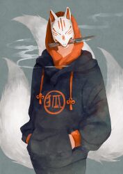Rule 34 | 1boy, absurdres, black hoodie, blue background, cowboy shot, drawstring, facing viewer, fox boy, fox mask, hands in pockets, highres, hood, hood up, hoodie, knife, knife in mouth, mask, mouth hold, multiple tails, orange hood, original, sanshichi fu, smoke trail, solo, tail, white tail