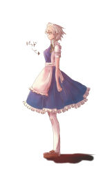 Rule 34 | 1girl, apron, bad id, bad pixiv id, blue dress, braid, breast padding, dress, from side, full body, highres, izayoi sakuya, loafers, maid, maid apron, maid headdress, pantyhose, profile, rei (sirohyou), ribbon, shadow, shoes, short hair with long locks, side braid, silver hair, simple background, solo, standing, touhou, twin braids, waist apron, white pantyhose