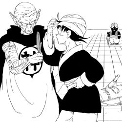 Rule 34 | 3boys, antennae, black eyes, black hair, bracelet, chinese clothes, dragon ball, dragon ball (classic), expressionless, facing away, fingernails, frown, full body, greyscale, hand on own hip, hand up, height difference, highres, jewelry, kami&#039;s lookout, kami-sama, looking at another, male focus, mirror, mister popo, monochrome, multiple boys, ruyi jingu bang, open mouth, outdoors, pants, pointy ears, profile, serious, short hair, simple background, sleeveless, son goku, standing, sweatdrop, tkgsize, turban, umbrella, waistcoat, white background, white pants