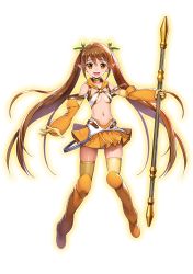 Rule 34 | 10s, 1girl, artist request, bare shoulders, breasts, brown eyes, brown hair, elbow gloves, female focus, full body, gloves, holding, holding weapon, long hair, looking at viewer, medium breasts, midriff, navel, nowa (queen&#039;s blade), nowa (queen&#039;s blade unlimited), official art, open mouth, pleated skirt, pointy ears, polearm, queen&#039;s blade, queen&#039;s blade unlimited, redesign, skirt, smile, solo, thighhighs, transparent background, twintails, very long hair, weapon, yellow thighhighs