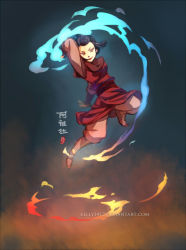 Rule 34 | 1girl, avatar: the last airbender, avatar legends, azula, black hair, blue fire, chinese clothes, element bending, fire, jumping, kellylee, lipstick, makeup, pyrokinesis, solo, topknot, yellow eyes