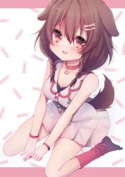 Rule 34 | 1girl, animal collar, animal ears, breasts, brown hair, collar, dog ears, dress, hair ornament, highres, hololive, inugami korone, inugami korone (1st costume), limepantsu, long hair, looking at viewer, open mouth, red eyes, simple background, sitting, sleeveless, socks, solo, virtual youtuber, wariza, white dress