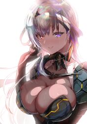 Rule 34 | 1girl, absurdres, armor, bandaged head, bandages, blue eyes, blush, breasts, cleavage, crying, crying with eyes open, goddess of victory: nikke, grey hair, hair ribbon, heterochromia, highres, large breasts, looking at viewer, modernia (nikke), ribbon, see-through, see-through cleavage, shoulder armor, solo, tears, upper body, velceed, white background
