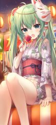 Rule 34 | 1girl, absurdres, bare legs, blush, candy apple, floral print, flower, fox mask, green eyes, green hair, hair flower, hair ornament, hatsune miku, highres, japanese clothes, kimono, lantern, long hair, long sleeves, looking at viewer, mask, night, night sky, obi, open mouth, sash, shiodome oji, short kimono, sitting, sky, solo focus, star (sky), starry sky, summer festival, twintails, vocaloid, wide sleeves, yukata