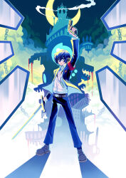 Rule 34 | 1boy, absurdres, belt, black pants, black suit, blue hair, building, closed mouth, coffin, commentary, crescent moon, english commentary, formal, full body, gun, headphones, highres, holding, holding gun, holding sword, holding weapon, mixed-language commentary, moon, nichromatic, night, night sky, pants, persona, persona 3, persona 3 reload, shirt, short hair, sky, solo, standing, suit, sword, tartarus, weapon, white shirt, yuuki makoto (persona 3)