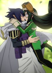 Rule 34 | 1boy, 1girl, absurdres, amajiki tamaki, asui tsuyu, blue hair, blush, bodysuit, boku no hero academia, breasts, cape, closed eyes, closed mouth, effasempai, from behind, goggles, goggles on head, green bodysuit, green hair, hand on another&#039;s hip, hand on another&#039;s shoulder, hetero, highres, kiss, kissing cheek, large breasts, long hair, pocket, pointy ears, short hair, smile, thighhighs, very long hair