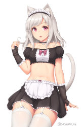 Rule 34 | 1girl, animal ear fluff, animal ears, bare shoulders, black skirt, bow, breasts, cat ears, cat girl, cat tail, center frills, choker, crop top, female focus, fingerless gloves, frills, garter straps, gloves, looking at viewer, maid, maid headdress, midriff, miniskirt, navel, off-shoulder shirt, off shoulder, open mouth, original, panties, pink bow, pink eyes, puffy short sleeves, puffy sleeves, sasaame, shirt, short hair, short sleeves, silver hair, simple background, sitting, skirt, small breasts, solo, tail, thighhighs, twitter username, underwear, white background, white thighhighs