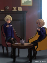 Rule 34 | 10s, 2girls, artist name, bad id, bad pixiv id, blazer, blonde hair, bloom, blue eyes, blue sweater, blurry, braid, chair, clock, cup, darjeeling (girls und panzer), dated, depth of field, french braid, furukawa herzer, girls und panzer, hand in lap, hand on lap, highres, holding, holding cup, indoors, jacket, lens flare, loafers, looking at viewer, mantelpiece, mantle clock, military, military vehicle, motor vehicle, multiple girls, orange hair, orange pekoe (girls und panzer), painting (object), pantyhose, saucer, school uniform, shoes, sitting, sweater, table, tank, tea, teacup, teapot, window