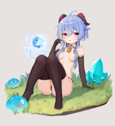 Rule 34 | 1girl, :o, absurdres, aged down, ahoge, areola slip, arm support, bell, black gloves, black panties, black thighhighs, blue hair, blush, crystal, elbow gloves, ganyu (genshin impact), genshin impact, gloves, grass, highres, horns, looking at viewer, mengxin huazha, multicolored eyes, neck bell, no shoes, orb, panties, parted lips, qilin (mythology), sidelocks, sitting, slime (genshin impact), solo, thighhighs, thighs, underwear