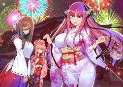 Rule 34 | 3girls, :d, :t, bag, blue eyes, blunt bangs, breasts, brown hair, butterfly hair ornament, candy apple, cowboy shot, eating, fireworks, floral print, food, furisode, go-toubun no hanayome, gradient hair, hair between eyes, hair ornament, hair over one eye, hakama, hakama skirt, headphones, headphones around neck, highres, hip vent, holding, holding bag, holding food, japanese clothes, kimono, kosmos beta, large breasts, long hair, long sleeves, miko, multicolored hair, multiple girls, nakano itsuki, nakano miku, nakano nino, night, open mouth, outdoors, own hands together, pink hair, pink kimono, pouch, print kimono, purple hair, red hair, red hakama, red kimono, shrine, siblings, sisters, skirt, smile, star (symbol), star hair ornament, underbust, very long hair, white kimono, wide hips, wide sleeves