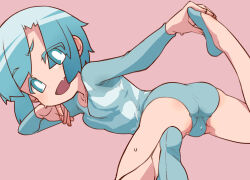 Rule 34 | 1girl, aqua eyes, aqua hair, aqua leotard, arm up, bad id, bad pixiv id, breasts, fang, female focus, flexible, from behind, gymnast leotard, head on hand, holding, holding with feet, leg up, leotard, long sleeves, looking at viewer, looking back, lying, ogihara mach, on side, on stomach, open mouth, petite, pink background, shoes, short hair, simple background, skin fang, small breasts, smile, smug, solo, spread legs, tomboy, ueno-san wa bukiyou, unogawa
