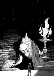 Rule 34 | 1girl, book, book stack, candelabra, candlestand, cloak, commentary, from behind, giant, giant monster, greyscale, highres, monochrome, monster, open book, standing, too many, too many books, y naf