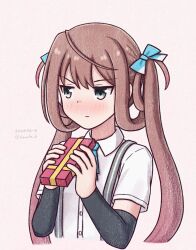 Rule 34 | 1girl, arm warmers, asagumo (kancolle), ascot, blue ascot, box, brown hair, collared shirt, cropped torso, dress shirt, faux traditional media, gift, gift box, grey eyes, highres, kantai collection, konato k, long hair, looking to the side, shirt, solo, suspenders, twintails, upper body, valentine, white shirt