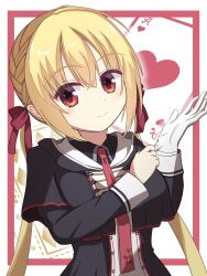 Rule 34 | 1girl, ace (playing card), ace of hearts, adjusting clothes, adjusting gloves, arihara nanami, black capelet, black shirt, blonde hair, blush, braid, capelet, card, closed mouth, colored eyelashes, commentary, crossed bangs, eyes visible through hair, gloves, hair between eyes, hair ribbon, hands up, heart, highres, hood, hood down, long hair, long sleeves, looking at viewer, low twintails, mako mako, necktie, no headwear, playing card, red eyes, red necktie, red ribbon, ribbon, riddle joker, shirt, side braid, simple background, single glove, smile, solo, split mouth, straight hair, tsurime, twintails, upper body, very long hair, white background, white gloves