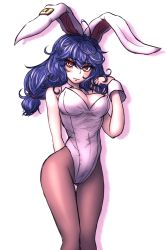 Rule 34 | 1girl, animal ears, arm behind back, blue hair, blush, breasts, earclip, expressionless, hand in own hair, large breasts, leotard, light smile, looking at viewer, miata (miata8674), pale skin, pantyhose, playboy bunny, rabbit ears, red eyes, seiran (touhou), shadow, short hair, simple background, solo, touhou, white background, wrist cuffs