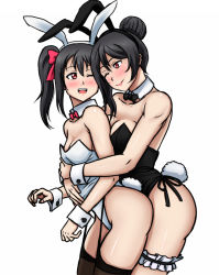 Rule 34 | 10s, 2girls, animal ears, asortofcolorfag, black legwear, blush, breasts, cleavage, cuddling, fake animal ears, hair ornament, hair ribbon, hug, incest, large breasts, leotard, looking at another, love live!, love live! school idol project, mother and daughter, multiple girls, one eye closed, open mouth, playboy bunny, rabbit ears, red eyes, reptileye, ribbon, simple background, small breasts, smile, standing, thighhighs, white background, yazawa nico, yazawa nico&#039;s mother