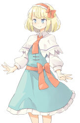 Rule 34 | 1girl, alice margatroid, arnest, blonde hair, blue dress, blue eyes, blush, capelet, closed mouth, dress, feet out of frame, hairband, highres, lolita hairband, long sleeves, red hairband, short hair, simple background, smile, solo, touhou, white background, white capelet
