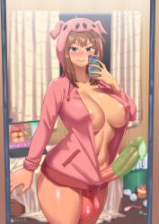Rule 34 | 1girl, animal costume, areola slip, artist name, ass, blush, breasts, brown hair, cellphone, censored, commentary request, computer, condom, condom on penis, curtains, dated, erection, full-package futanari, futanari, green eyes, holding, holding phone, hood, hoodie, kamiya midori, laptop, large breasts, large penis, looking at viewer, messy, messy room, mosaic censoring, navel, original, penis, phone, pig costume, pig hood, pointless censoring, sagging testicles, selfie, smartphone, smile, solo, testicles, used condom, used condom on penis, used tissue, webcam, window, zheng