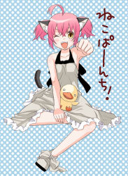 Rule 34 | 1girl, ;d, ahoge, animal ears, armpits, brown eyes, cat ears, clenched hand, collarbone, dress, grey dress, looking at viewer, mattaku mousuke, one eye closed, open mouth, original, outstretched arm, pink hair, polka dot, polka dot background, short hair, sidelocks, simple background, sleeveless, sleeveless dress, slippers, smile, solo, spread legs, sundress, text focus