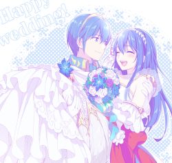 Rule 34 | 1boy, 1girl, blue eyes, blue hair, blush, bouquet, caeda (bridal) (fire emblem), caeda (fire emblem), carrying, closed eyes, couple, dress, english text, fire emblem, fire emblem: mystery of the emblem, fire emblem: new mystery of the emblem, fire emblem: shadow dragon and the blade of light, fire emblem heroes, flower, gloves, hetero, hiyori (rindou66), long hair, looking at another, marth (fire emblem), nintendo, open mouth, princess carry, smile, twitter username, wedding dress, white dress, white gloves