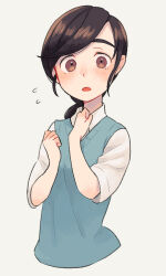 Rule 34 | 1girl, black hair, blue sweater vest, blush, brown eyes, collared shirt, cropped torso, flying sweatdrops, grey background, itsushima chisato, looking at viewer, open mouth, ponytail, shifumame, shirt, short sleeves, simple background, solo, sweater vest, twilight syndrome, white shirt