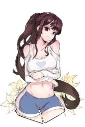 Rule 34 | 1girl, absurdres, agkkyag, bad id, bad twitter id, bare shoulders, blue shorts, breast hold, breasts, brown eyes, brown hair, closed mouth, clothing cutout, collarbone, crop top, dolphin shorts, fighter (dungeon and fighter), flower, gluteal fold, groin, heart, heart print, highres, lily (flower), long hair, long sleeves, looking at viewer, medium breasts, navel, original, ponytail, shirt, short shorts, shorts, shoulder cutout, sidelocks, simple background, solo, standing, stomach, very long hair, white background, white flower, white shirt