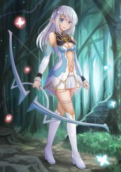 Rule 34 | 1girl, altina (shining blade), bare shoulders, blue eyes, blush, boots, bow (weapon), breasts, bug, butterfly, cleavage, cleavage cutout, clothing cutout, detached sleeves, full body, hair ornament, high heels, highres, insect, kazenokaze, knee boots, long hair, looking at viewer, navel, navel cutout, open mouth, pointy ears, see-through, see-through legwear, shining (series), shining blade, shiny skin, silver hair, smile, solo, standing, thighhighs, weapon, white footwear