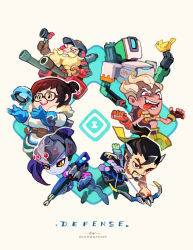 Rule 34 | 2girls, 3boys, animal, arrow (projectile), artist name, bastion (overwatch), beard, belt, belt pouch, bird, black hair, blonde hair, blue gloves, bodysuit, bow (weapon), brown-framed eyewear, brown hair, chibi, closed mouth, facial hair, full body, fur collar, glasses, gloves, grin, gun, hair bun, hair ornament, hair stick, hanzo (overwatch), head-mounted display, holding, holding gun, holding weapon, junkrat (overwatch), long hair, mei (overwatch), multiple boys, multiple girls, nail polish, onemegawatt, outstretched arms, overwatch, overwatch 1, pocket, ponytail, pouch, purple hair, purple nails, quiver, red eyes, red gloves, rifle, robot, round teeth, running, serious, shaded face, simple background, single glove, single hair bun, smile, sniper rifle, tattoo, teeth, tongue, tongue out, torbjorn (overwatch), tsurime, turret, weapon, widowmaker (overwatch), yellow eyes