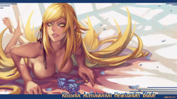 Rule 34 | 10s, 1girl, 2013, artist name, bakemonogatari, barefoot, blonde hair, blue flower, blue rose, breasts, character name, completely nude, dated, feet, flower, hair ribbon, highres, kiss-shot acerola-orion heart-under-blade, large breasts, long hair, lying, madyy, monogatari (series), nail polish, nude, on stomach, oshino shinobu, parted lips, petals, pointy ears, ribbon, rose, slit pupils, smile, solo, very long hair, yellow eyes