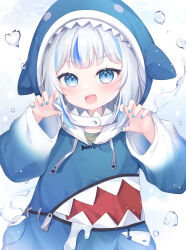 Rule 34 | 1girl, :d, absurdres, animal hood, blue background, blue eyes, blue hair, blue hoodie, blue nails, blunt bangs, blush, claw pose, commentary, drawstring, eyelashes, fingernails, fish bone, gawr gura, gawr gura (1st costume), hands up, heart, highres, hololive, hololive english, hood, hood up, hoodie, long sleeves, looking at viewer, medium hair, multicolored hair, nail polish, nemuri (nemu729o), open mouth, pocket, shark hood, sharp teeth, sidelocks, simple background, smile, solo, streaked hair, symbol-only commentary, teeth, upper teeth only, virtual youtuber, water, water drop, white background, white hair, wide sleeves, zipper, zipper pull tab