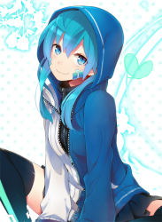 Rule 34 | 1girl, black thighhighs, blue eyes, blue hair, ene (kagerou project), headphones, hood, hooded jacket, hoodie, hutuumikan, jacket, kagerou project, long hair, looking at viewer, md5 mismatch, revision, skirt, smile, solo, thighhighs, twintails, zettai ryouiki, zipper