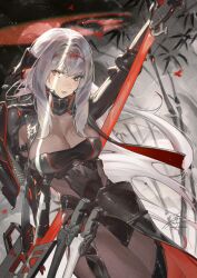 Rule 34 | 1girl, arm up, armor, bamboo, black armor, black bodysuit, black footwear, bodysuit, breasts, cleavage, fadingz, film grain, goddess of victory: nikke, grey background, grey hair, hair ribbon, halo, headgear, high heels, highres, holding, holding sword, holding weapon, large breasts, long hair, looking at viewer, parted lips, red ribbon, ribbon, scabbard, scarlet (black shadow) (nikke), scarlet (nikke), sheath, shoulder armor, sidelocks, solo, standing, sword, weapon