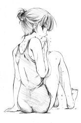 Rule 34 | 1girl, ahoge, animification, arm support, ass, back, barefoot, blunt bangs, covering own mouth, feet, from behind, full body, greyscale, hair bun, hair up, hand over own mouth, looking back, mako-hime, monochrome, one-piece swimsuit, real life, real life insert, school swimsuit, short hair, simple background, single hair bun, sitting, sketch, solo, swimsuit, towel, wet